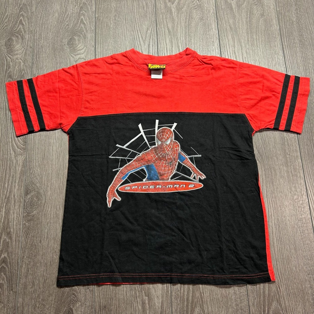 Vintage 2004 Spider-Man 2 Movie Promo T-Shirt Red Black Colorblock Kids XL